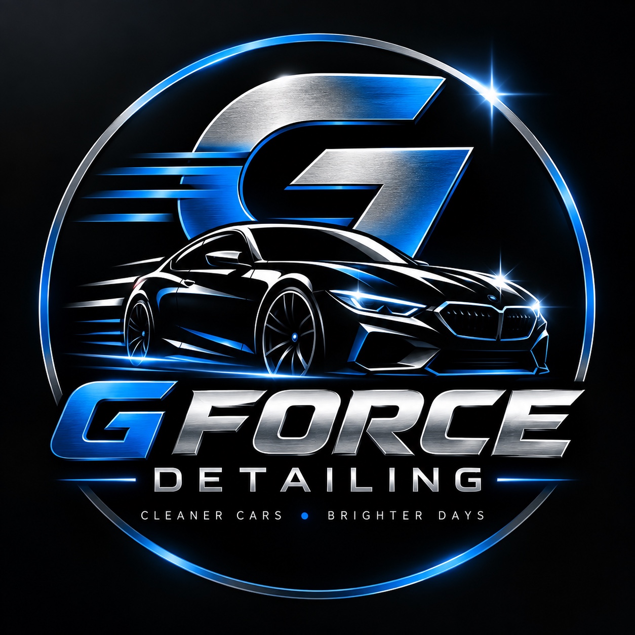 G-Force Detailing blue and silver emblem with a black sports car